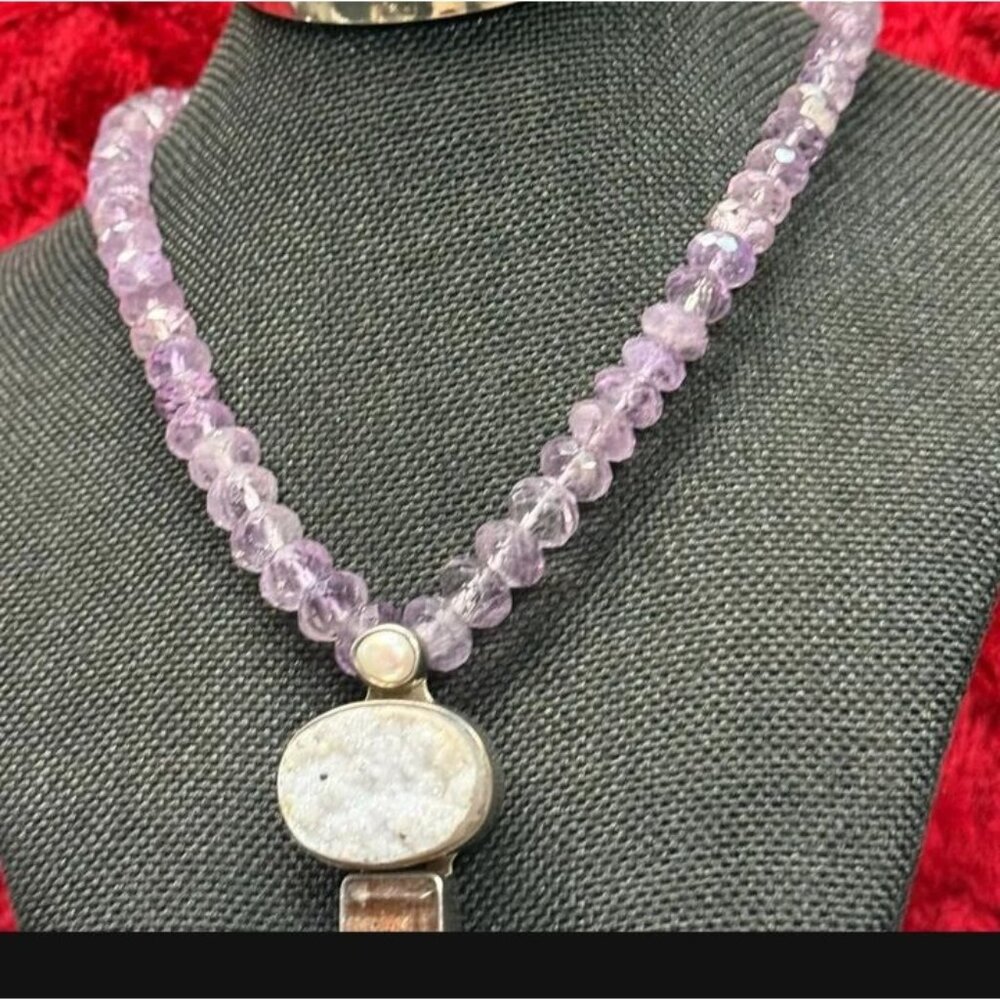 Echo of the Dreamer Necklace Faceted Amethyst Beads Druzy Quartz Pearl 18" - Picture 3 of 6